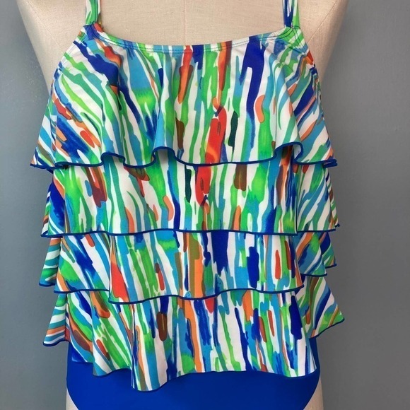 ceeb Multicolored Royal Blue Ruffle Tiered One Piece Swimsuit Women's Size 10 - Picture 2 of 12
